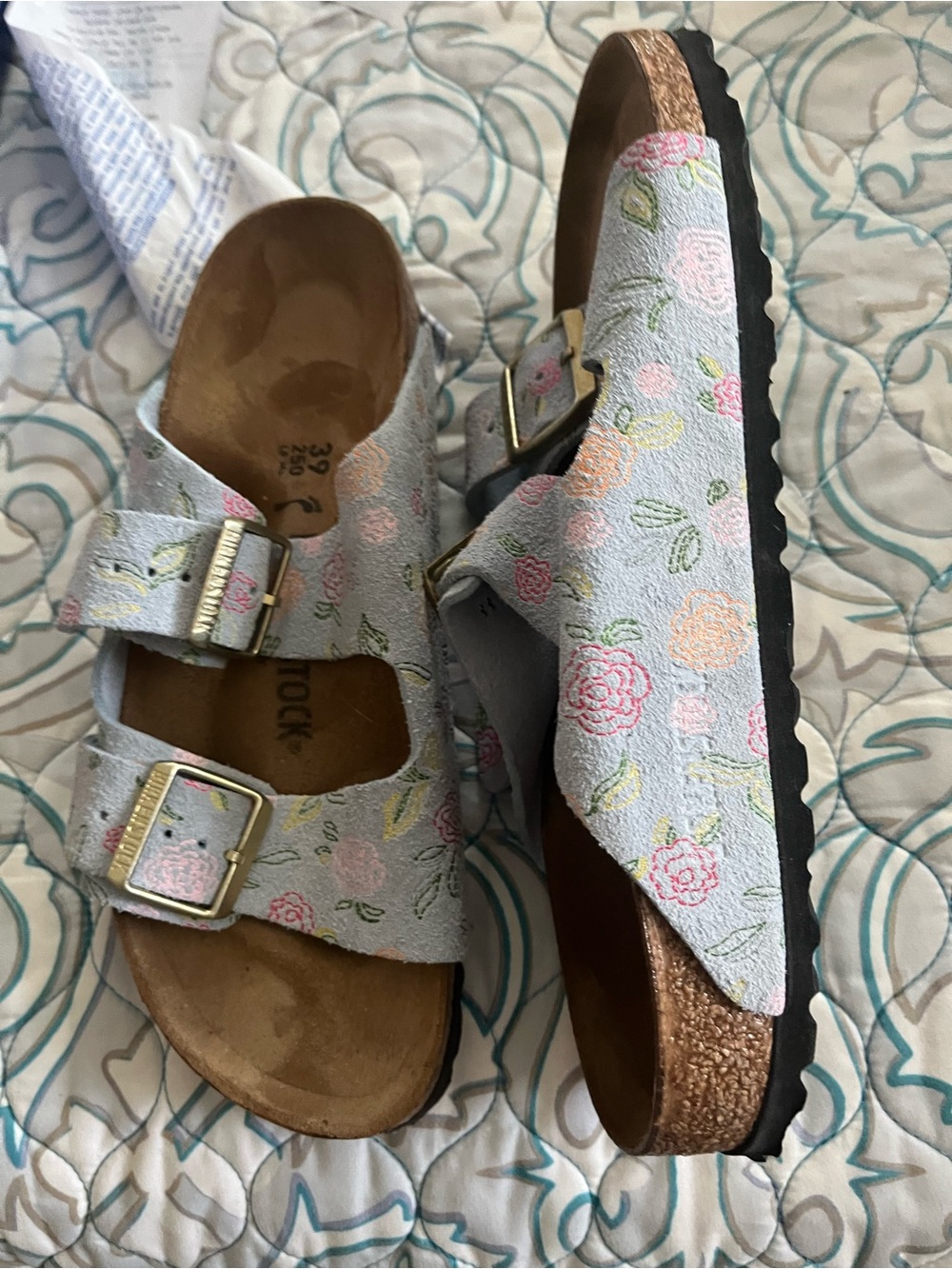 Birkenstock Arizona Two-Strap Floral Suede Sandals in Light Blue and Pastel